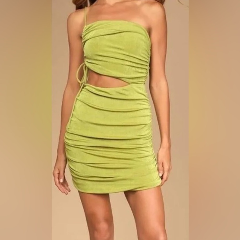 LULUS Lime green ruched mini dress glitter size XL
